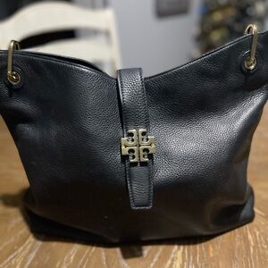 Tory Burch Black Leather Shoulder Bag with Gold Logo